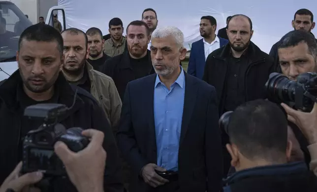 FILE - Yehiyeh Sinwar, head of Hamas in Gaza, attends a rally marking "Jerusalem Day," or Al-Quds Day, an annual celebration to support Palestinians in the holy city, at a soccer filed in Gaza City, on April 14, 2023. (AP Photo/Fatima Shbair, File)