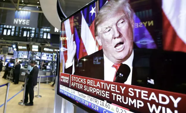 FILE - An image of President-elect Donald Trump appears on a television screen on the floor of the New York Stock Exchange, Nov. 9, 2016. (AP Photo/Richard Drew, File)