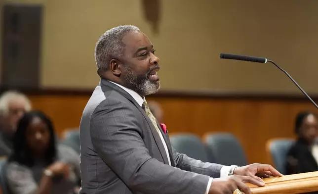 Sundiata Haley, son of Oretha Castle Haley, speaks during a city council hearing regarding the dispute over her former home and plans by others to create a museum, in New Orleans, Thursday, Oct. 24, 2024. (AP Photo/Gerald Herbert)