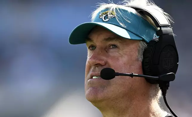 Jacksonville Jaguars head coach Doug Pederson watches during the first half of an NFL football game against the Green Bay Packers Sunday, Oct. 27, 2024, in Jacksonville, Fla. (AP Photo/Phelan M. Ebenhack)