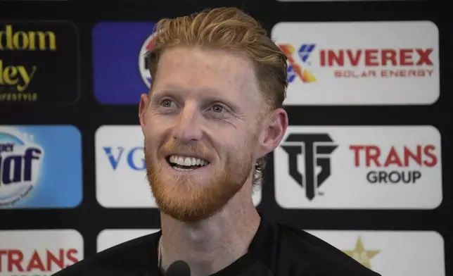 England cricket captain Ben Stokes smiles during press conference, in Multan, Pakistan, Monday, Oct. 14, 2024. (AP Photo/K.M. Chaudary)