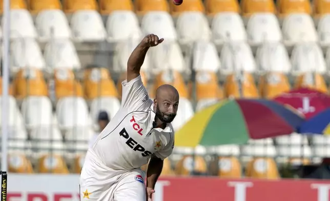 Pakistan's Sajid Khan bowls during the second day of the second test cricket match between Pakistan and England, in Multan, Pakistan, Wednesday, Oct. 16, 2024. (AP Photo/K.M. Chaudary)