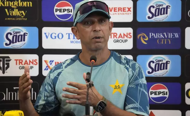 Pakistan assistant coach Azhar Mahmood speaks during press conference, in Multan, Pakistan, Monday, Oct. 14, 2024. (AP Photo/K.M. Chaudary)