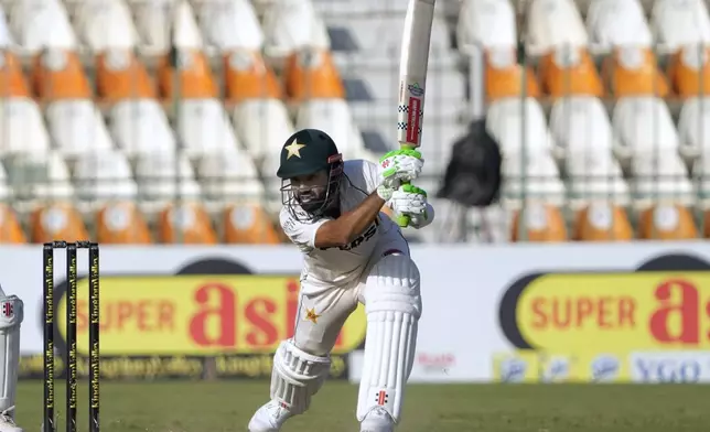 Pakistan's Mohammad Rizwan bats during the first day of the second test cricket match between Pakistan and England, in Multan, Pakistan, Tuesday, Oct. 15, 2024. (AP Photo/K.M. Chaudary)