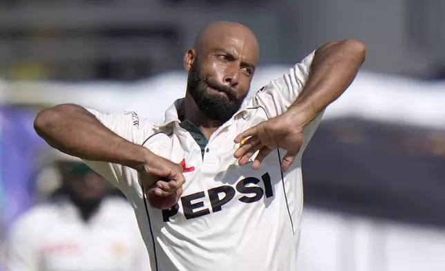 Pakistan's Sajid Khan bowls during the day one of third test cricket match between Pakistan and England, in Rawalpindi, Pakistan, Thursday, Oct. 24, 2024. (AP Photo/Anjum Naveed)