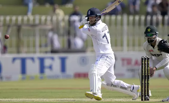 England's Ben Duckett plays a shot during the day one of third test cricket match between Pakistan and England, in Rawalpindi, Pakistan, Thursday, Oct. 24, 2024. (AP Photo/Anjum Naveed)