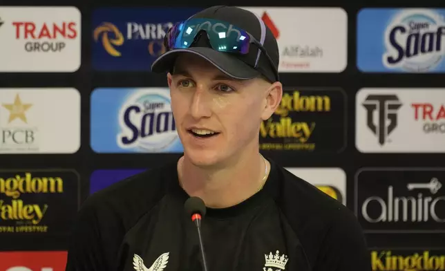 England's Harry Brook speaks during a press conference, in Rawalpindi, Pakistan, Tuesday, Oct. 22, 2024. (AP Photo/Anjum Naveed)