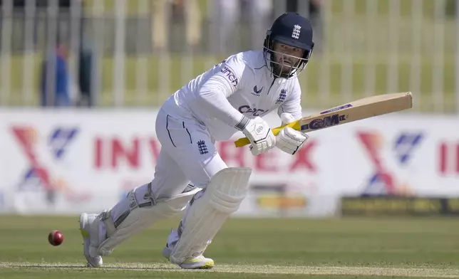 England's Ben Duckett plays a shot during the day one of third test cricket match between Pakistan and England, in Rawalpindi, Pakistan, Thursday, Oct. 24, 2024. (AP Photo/Anjum Naveed)