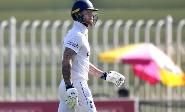 England's Ben Stokes reacts as he walks off the field after his dismissal during the day three of third test cricket match between Pakistan and England, in Rawalpindi, Pakistan, Saturday, Oct. 26, 2024. (AP Photo/Anjum Naveed)