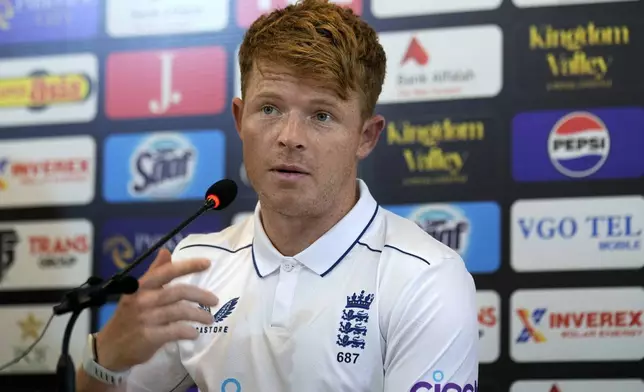 England's skipper Ollie Pope speaks during a press conference regarding 1st test cricket match against Pakistan, in Multan, Pakistan, Sunday, Oct. 6, 2024. (AP Photo/Anjum Naveed)