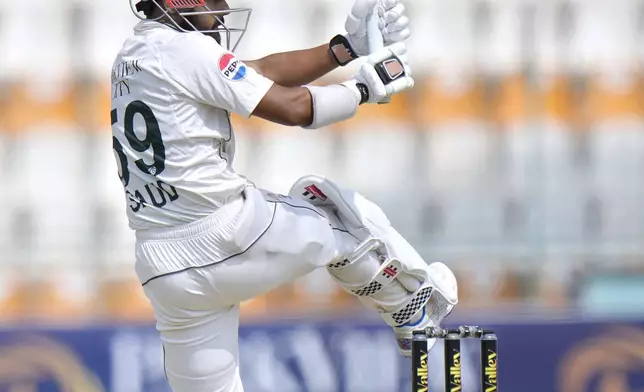 Pakistan's Saud Shakeel bats during the second day of the first test cricket match between Pakistan and England, in Multan, Pakistan, Tuesday, Oct. 8, 2024. (AP Photo/Anjum Naveed)