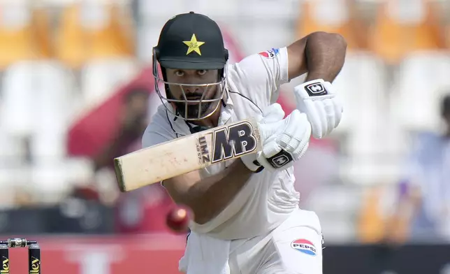 Pakistan's Abdullah Shafique plays a shot during the first day of the first test cricket match between Pakistan and England, in Multan, Pakistan, Monday, Oct. 7, 2024. (AP Photo/Anjum Naveed)