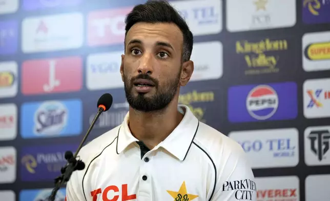 Pakistan's test team skipper Shan Masood speaks during a press conference regarding 1st test cricket match against Pakistan, in Multan, Pakistan, Sunday, Oct. 6, 2024. (AP Photo/Anjum Naveed)