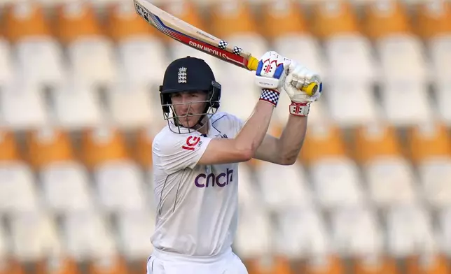 England's Harry Brook bats during the third day of the first test cricket match between Pakistan and England, in Multan, Pakistan, Wednesday, Oct. 9, 2024. (AP Photo/Anjum Naveed)