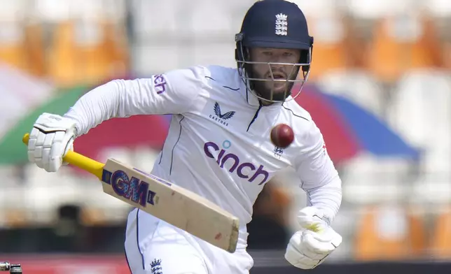 England's Ben Duckett plays a shot during the third day of the first test cricket match between Pakistan and England, in Multan, Pakistan, Wednesday, Oct. 9, 2024. (AP Photo/Anjum Naveed)