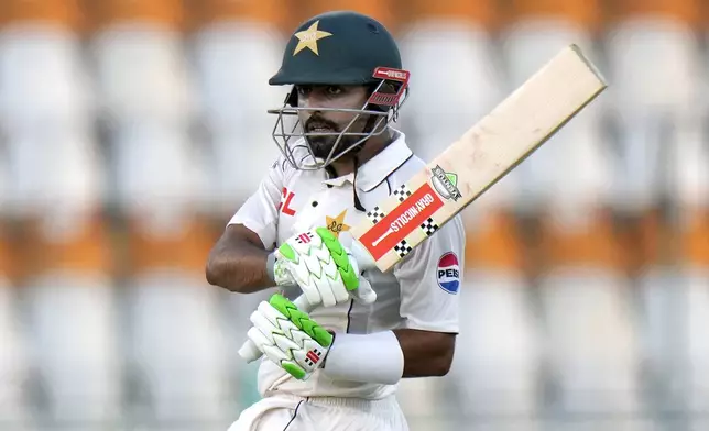 Pakistan's Babar Azam bats during the first day of the first test cricket match between Pakistan and England, in Multan, Pakistan, Monday, Oct. 7, 2024. (AP Photo/Anjum Naveed)