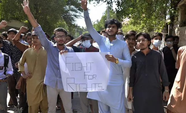 Students chant slogans over an alleged on-campus rape in Punjab, during a protest in Hyderabad, Pakistan, Thursday, Oct. 17, 2024. (AP Photo/Pervez Mash)