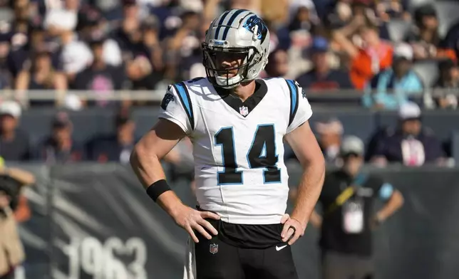 Carolina Panthers quarterback Andy Dalton (14) waits for a play against the Chicago Bears during the second half of an NFL football game Sunday, Oct. 6, 2024, in Chicago. (AP Photo/Nam Y. Huh)