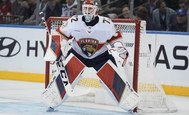 Florida Panthers' Sergei Bobrovsky (72) protects the net during the first period of an NHL hockey game against the New York Rangers Thursday, Oct. 24, 2024, in New York. (AP Photo/Frank Franklin II)