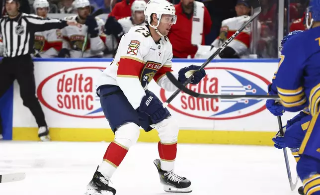 Florida Panthers center Carter Verhaeghe (23) skates into the zone during the second period of an NHL hockey game against the Buffalo Sabres, Monday, Oct. 28, 2024, in Buffalo, N.Y. (AP Photo/Jeffrey T. Barnes)