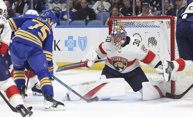 Buffalo Sabres defenseman Connor Clifton (75) is stopped by Florida Panthers goaltender Spencer Knight (30) during the first period of an NHL hockey game Saturday, Oct. 12, 2024, in Buffalo, N.Y. (AP Photo/Jeffrey T. Barnes)