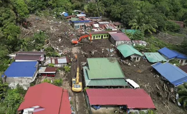 Rescuers search for bodies after a landslide triggered by Tropical Storm Trami struck homes in Talisay, Batangas province, Philippines on Saturday, Oct. 26, 2024. (AP Photo/Aaron Favila)