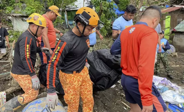 Rescuers carry a body after a landslide triggered by Tropical Storm Trami struck homes in Talisay, Batangas province, Philippines, Saturday, Oct. 26, 2024. (AP Photo/Jim Gomez)