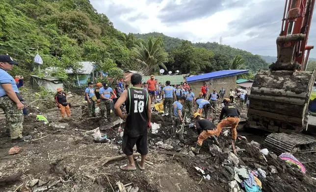 Volunteers continue rescue operations after a recent landslide triggered by Tropical Storm Trami struck Talisay, Batangas province, Philippines leaving thousands homeless and several villagers dead on Saturday, Oct. 26, 2024. (AP Photo/Jim Gomez)