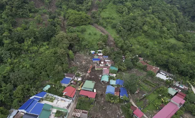 Rescuers work at the site after a recent landslide triggered by Tropical Storm Trami struck Talisay, Batangas province, Philippines leaving thousands homeless and several villagers dead on Saturday, Oct. 26, 2024. (AP Photo/Aaron Favila)