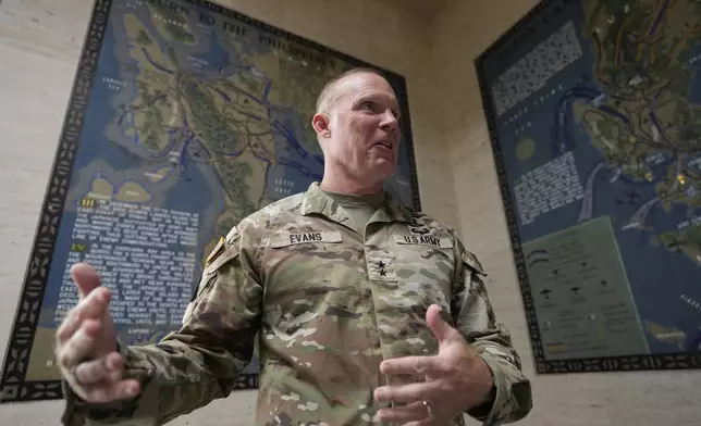 U.S. Maj. Gen. Marcus Evans, commanding general of the U.S. Army's 25th Infantry Division, gestures during an interview with The Associated Press at the Manila American Cemetery and Memorial in Taguig, Philippines Monday, Oct. 21, 2024. (AP Photo/Aaron Favila)