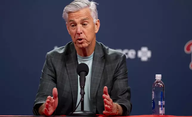 Philadelphia Phillies president of baseball operations Dave Dombrowski speaks to the media during end of the season news conference, Tuesday, Oct. 15, 2024, in Philadelphia. (AP Photo/Chris Szagola)