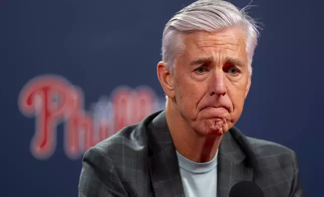 Philadelphia Phillies president of baseball operations Dave Dombrowski speaks to the media during an end of the season news conference, Tuesday, Oct. 15, 2024, in Philadelphia. (AP Photo/Chris Szagola)