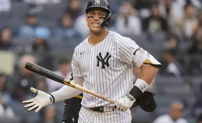 New York Yankees' Aaron Judge reacts after striking out during the sixth inning of a baseball game against the Pittsburgh Pirates, Saturday, Sept. 28, 2024, in New York. (AP Photo/Frank Franklin II)