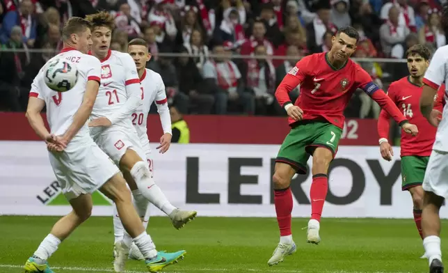 Portugal's Cristiano Ronaldo attempts a shot on goal during the UEFA Nations League soccer match between Poland and Portugal at Narodowy stadium in Warsaw, Poland, Saturday, Oct. 12, 2024. (AP Photo/Czarek Sokolowski)