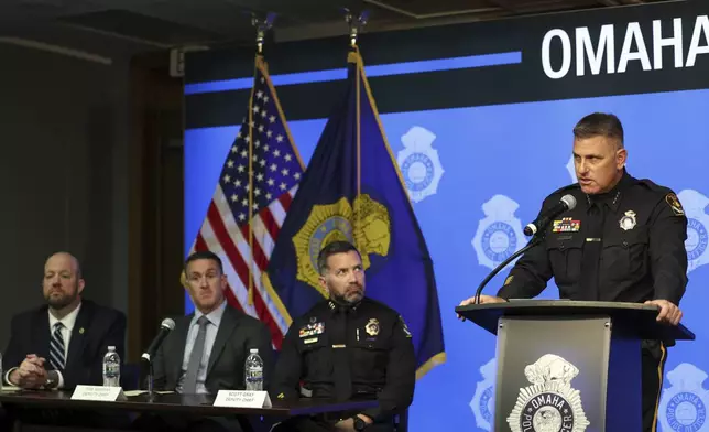Omaha Police Chief Todd Schmaderer speaks during a news conference on the fatal shooting of Steven Phipps Jr., 22, by police, Wednesday, Oct. 2, 2024, at Omaha Police Headquarters in Omaha, Neb. (Nikos Frazier/Omaha World-Herald via AP)