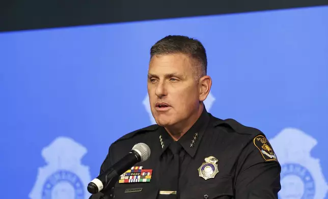 Omaha Police Chief Todd Schmaderer speaks during a news conference on the fatal shooting of Steven Phipps Jr., 22, by police, Wednesday, Oct. 2, 2024, at Omaha Police Headquarters in Omaha, Neb. (Nikos Frazier/Omaha World-Herald via AP)