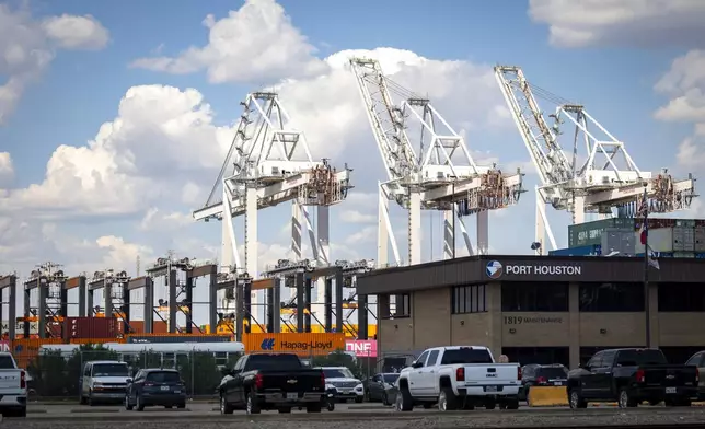 Cranes remain shut down at the Barbours Cut Container Terminal during the first day of a dockworkers strike on Tuesday, Oct. 1, 2024, in Houston. (AP Photo/Annie Mulligan)