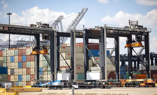 Work is completely stopped at the Barbours Cut Container Terminal during the first day of a dockworkers strike on Tuesday, Oct. 1, 2024, in Houston. (AP Photo/Annie Mulligan)