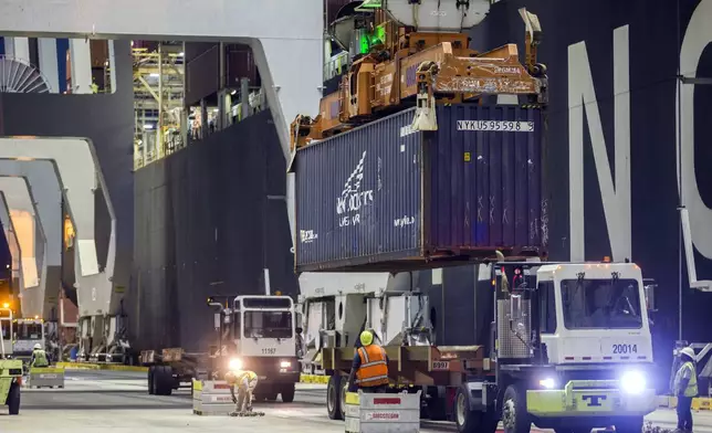 FILE - Ship to shore cranes and gangs of longshoremen work the container ship YM Witness at the Georgia Ports Authority's Port of Savannah, Sept. 29, 2021, in Savannah, Ga. (AP Photo/Stephen B. Morton, File)