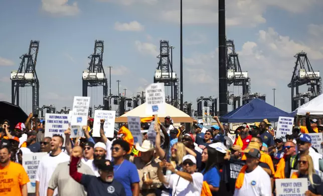 FILE - Cranes usually running day and night are shut down during a strike by ILA members at the Bayport Container Terminal on Oct. 1, 2024, in Houston. (AP Photo/Annie Mulligan, File)