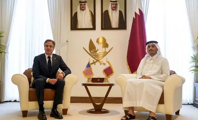 U.S. Secretary of State Antony Blinken, left, and Qatari Prime Minister and Foreign Minister Mohammed bin Abdulrahman Al Thani during their meeting in Doha, Qatar, Thursday, Oct. 24, 2024. (Nathan Howard/Pool Photo via AP)