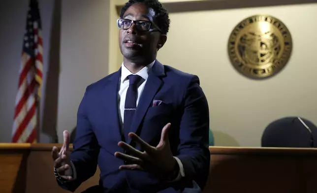 FILE - In this July 29, 2019 file photo, St. Louis County Prosecutor Wesley Bell speaks during an interview in Clayton, Mo. Bell announced on Oct. 30, 2023. (AP Photo/Jeff Roberson, file)