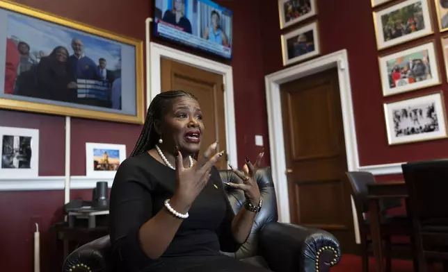 Rep. Cori Bush, D-Mo., speaks to an Associated Press reporter in her office at Capitol Hill in Washington, Thursday, Sept. 19, 2024. (AP Photo/Ben Curtis)