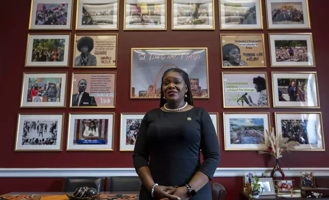 Rep. Cori Bush, D-Mo., poses for a photograph in her office at Capitol Hill in Washington, Thursday, Sept. 19, 2024. (AP Photo/Ben Curtis)