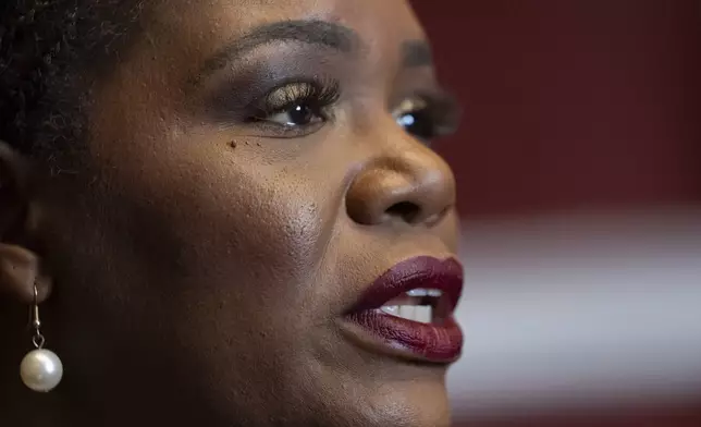 Rep. Cori Bush, D-Mo., speaks to an Associated Press reporter in her office at Capitol Hill in Washington, Thursday, Sept. 19, 2024. (AP Photo/Ben Curtis)