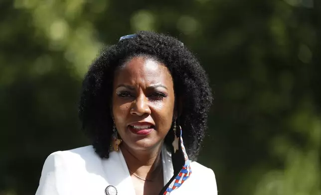 FILE - Tishaura Jones speaks during a news conference on Aug. 5, 2020, in St. Louis. The first Black woman to lead the city of St. Louis has worked to end its “arrest and incarcerate” model of policing and place more emphasis on social service programs to help the neighborhoods with the highest crime rates.(AP Photo/Jeff Roberson)