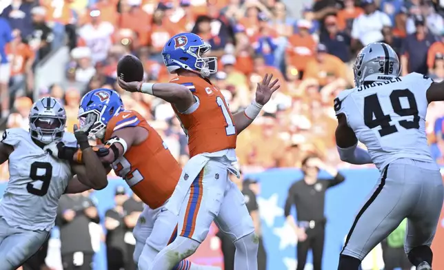 Denver Broncos quarterback Bo Nix throws during the second half of an NFL football game against the Las Vegas Raiders, Sunday, Oct. 6, 2024, in Denver. (AP Photo/Geneva Heffernan)