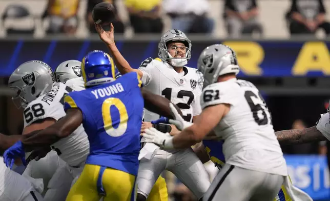 Las Vegas Raiders quarterback Aidan O'Connell (12) throws a pass during the first half of an NFL football game against the Los Angeles Rams, Sunday, Oct. 20, 2024, in Inglewood, Calif. (AP Photo/Marcio Jose Sanchez)