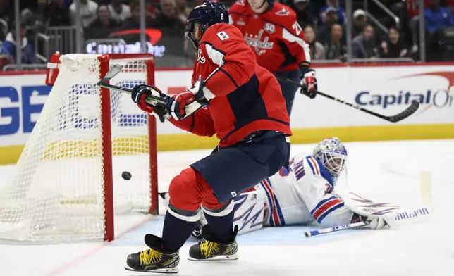Washington Capitals left wing Alex Ovechkin (8) scores his second goal of the game during the first period of an NHL hockey game against New York Rangers goaltender Igor Shesterkin (31), Tuesday, Oct. 29, 2024, in Washington. (AP Photo/Nick Wass)