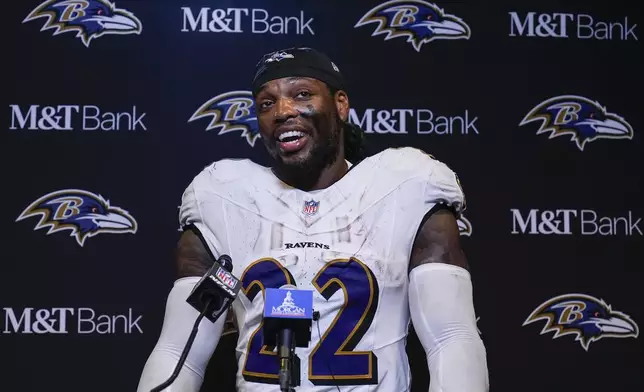 Baltimore Ravens running back Derrick Henry speaks to reporters following an NFL football game against the Cincinnati Bengals, Sunday, Oct. 6, 2024, in Cincinnati. The Ravens won 41-38 in overtime. (AP Photo/Carolyn Kaster)